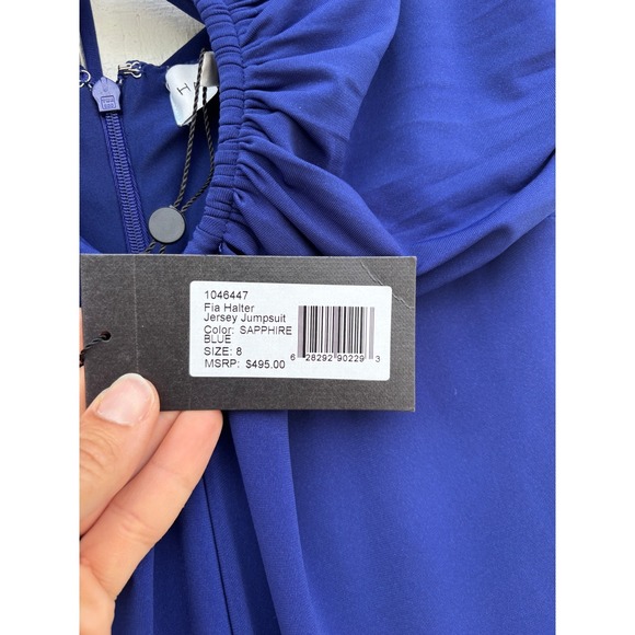 NWT Halston Fia‎ Halter Jersey Jumpsuit, Sapphire Blue, Formal Jumpsuit, Sz 8 - Picture 7 of 11